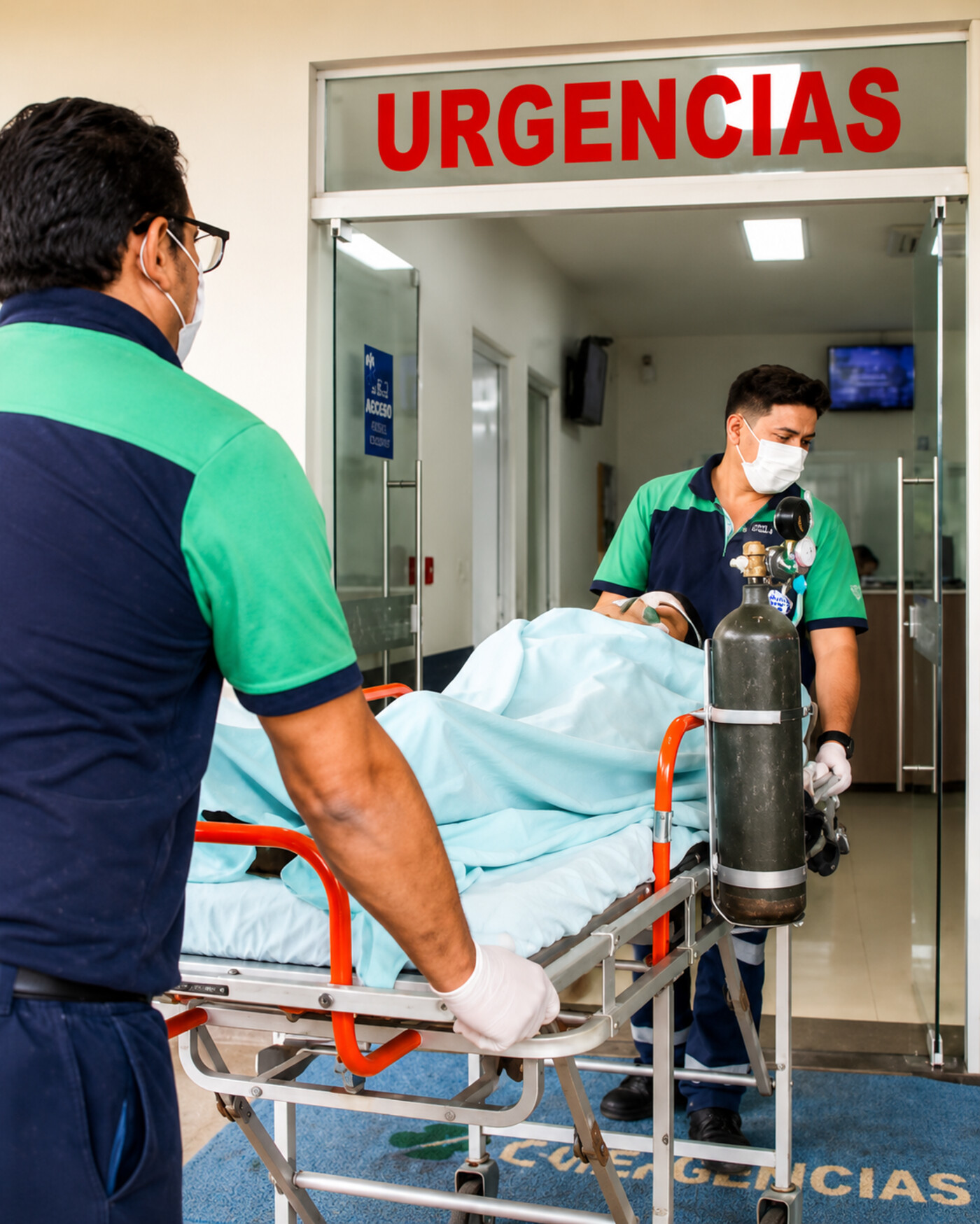 Paramédicos de S.O.S. ingresando a un paciente a la sala de urgencias con oxígeno suplementario